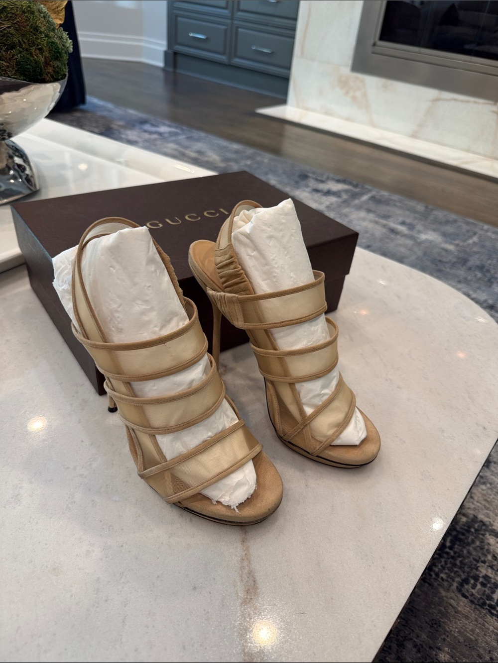 Gucci Tan Multi-Strap Stiletto Heels